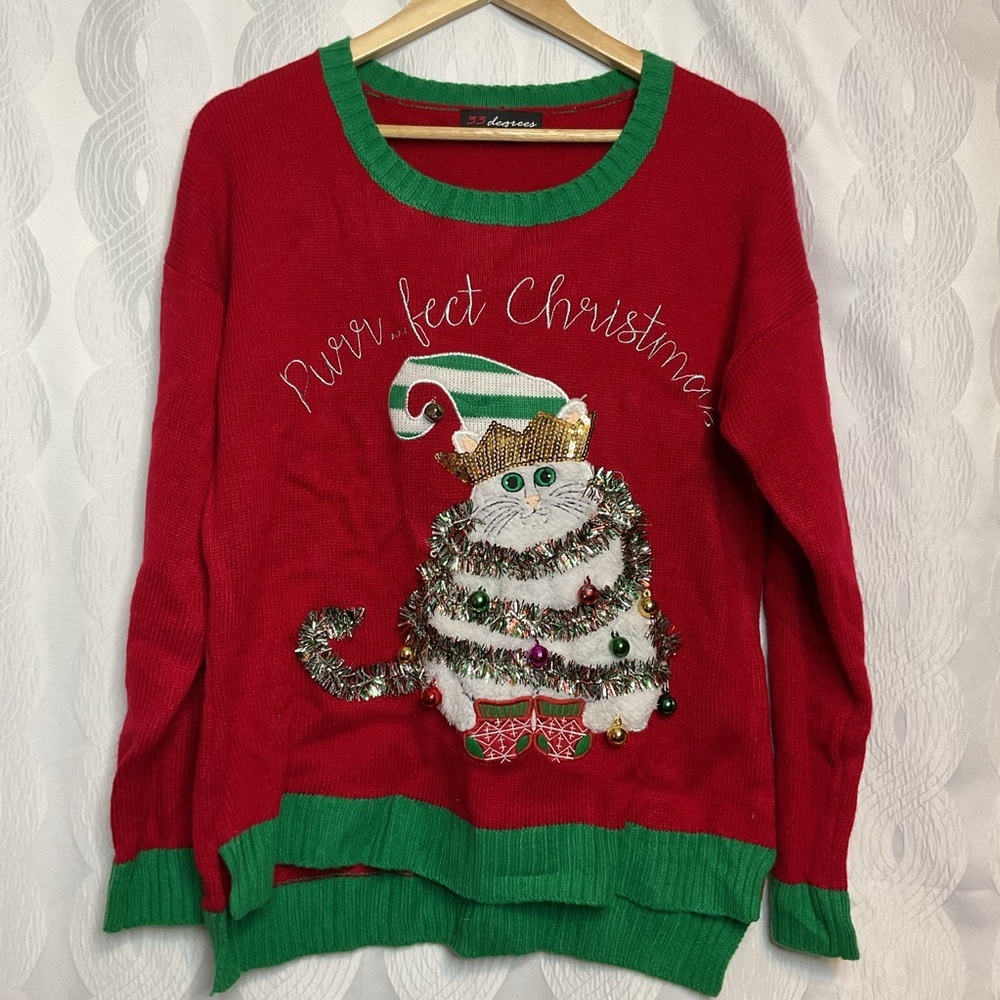 33 degrees Purrfect Cat Christmas Sweater large - Picture 2 of 6